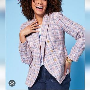Talbots Tweed Double Breasted Blazer Jacket  Blue Pink Multi Plaid Size 18W
